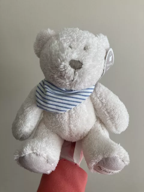 Mamas And & Papas My First Bear Cream Teddy Soft Toy  Blue Stripe With Tags