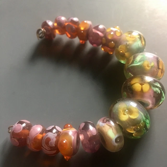 Flower Purple Amber Green Boro Glass Lampwork Bead Set Artisan Handmade