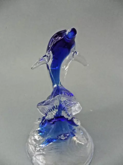 Art Glass Dolphin Figurine Cobalt Blue On Frosted Waves Blue & Clear 6.5" Tall 3