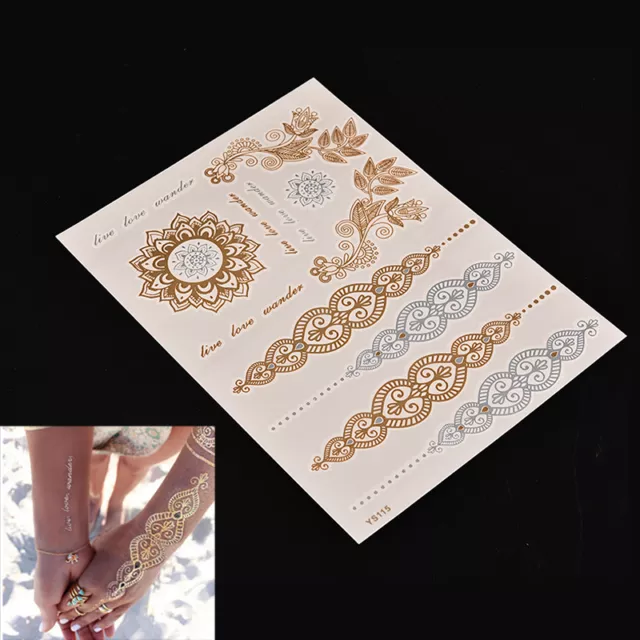 Pegatinas de oro plateado metálico flash tatuajes temporales arte corporal temporal tatt ZR