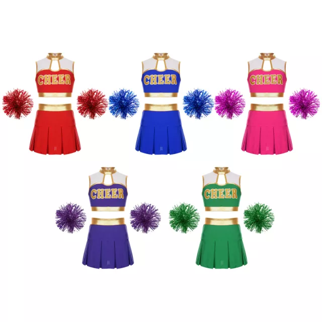 Kids Girls Crop Top+Pleated Skirt Sequins Dance Set Competition Sleeveless