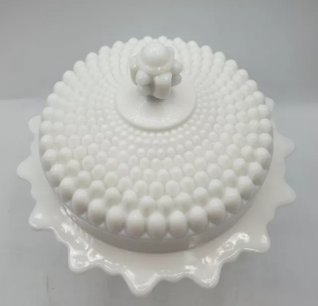 EAPG Pattern Glass Hobnail with Ball Feet Opaque White Milk Glass Butter Dish 3