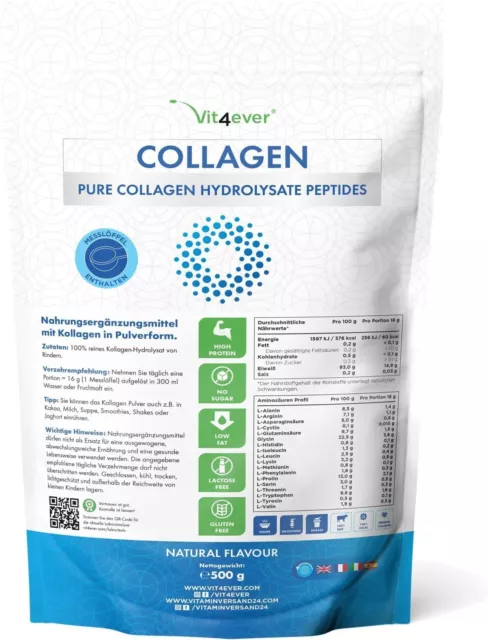Collagen Pulver 500g - 100% Rinder Kollagen Hydrolysat Pepeptide - Natural