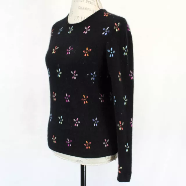 Kinross 2-ply 100% Cashmere Flower Intarsia Soft Black Crew Neck Sweater Medium