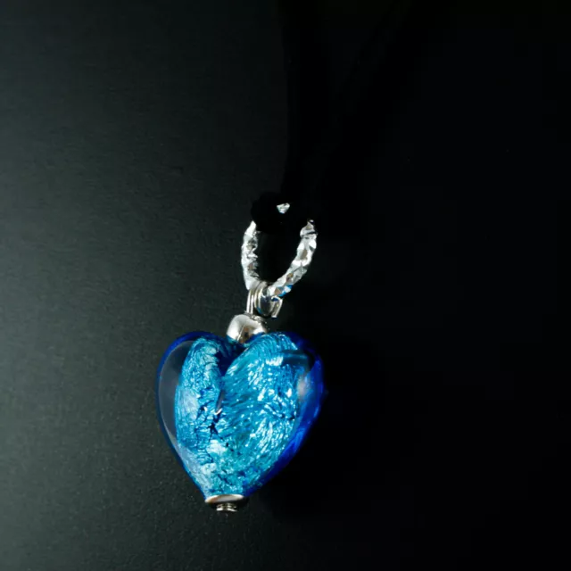 Murano Vidrio Colgante Collar Azul Plata Forma Corazón Venecia 25mm 2