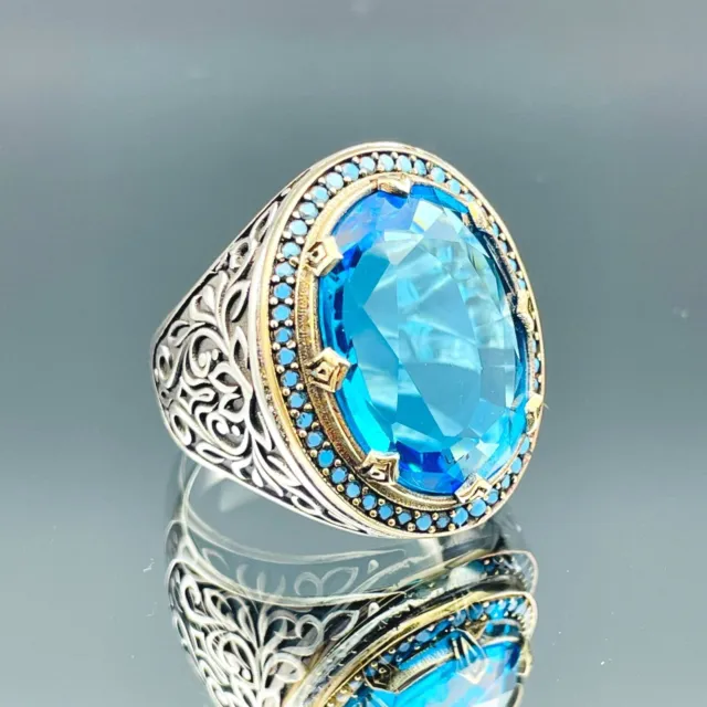 Men's Aquamarine Light Blue Stone 925 Sterling Silver Ring Handmade Gift For Him