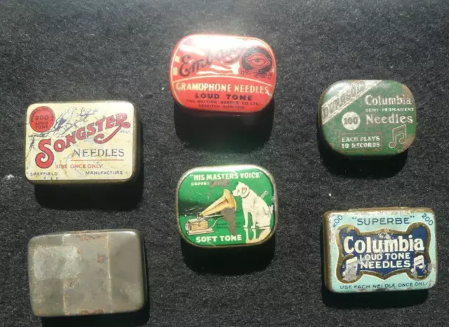 group of 6 vintage collectable gramophone needle tins & contents hmv embassy etc