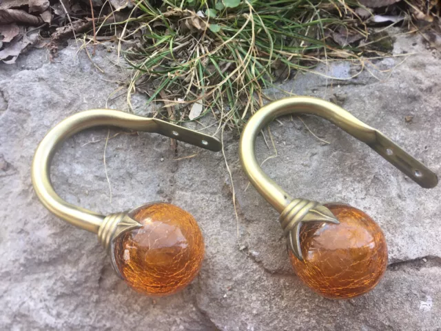 Curtain Tie Back Hooks Yellow Amber Orange Acrylic Metal Crackled Glass Look