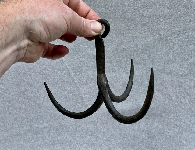 Early Antique Hand Forged Wrought Iron Three Prong Hook 19th Century Nice Patina 2