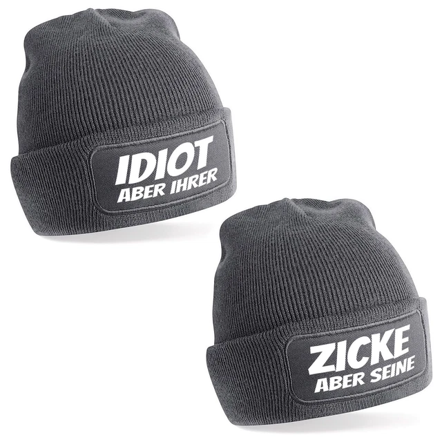 2ER SET BEANIE Mützen mit Spruch Idiot und Zicke Farbwahl Unisex