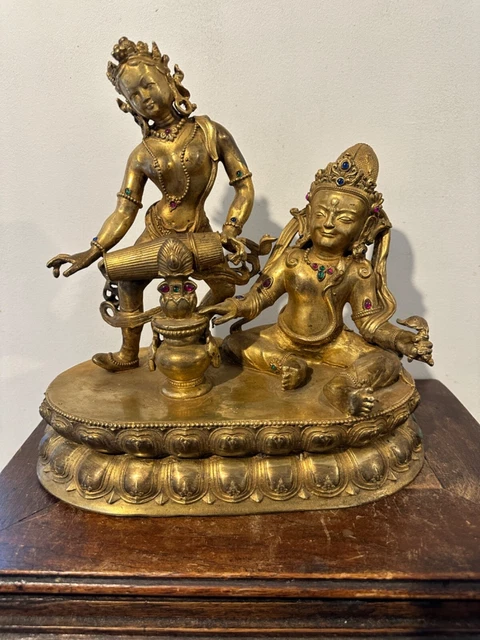 large Chinese gilt bronze Double buddha god figure lotus base gemstones