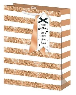 4 Extra Large Christmas Gift Bags Rose Gold Stripe Tag Wrapping Present XL Bag