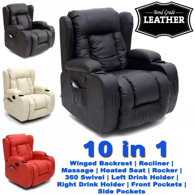 Caesar 10 In 1 Winged Leather Recliner Chair Rocking Massage Swivel Heated