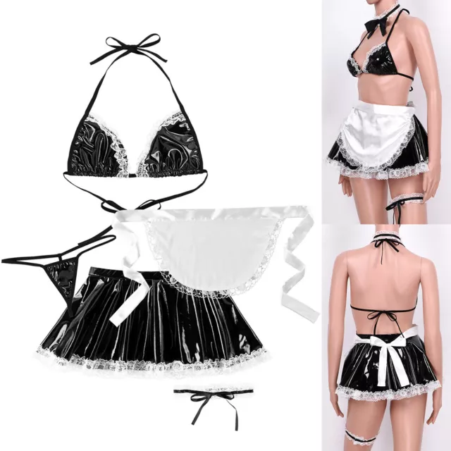 Sexy Adult Women Costume Cosplay Maid Wet Look Dress Halloween Outfit Night Wear