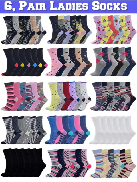 Ladies Womens Socks 6 Pairs Coloured Design Cotton Blend Designer Adults 4-7