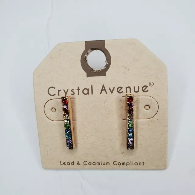 Crystal Avenue Rainbow Bar Style Post Earrings Goldtone Rhinestone Dainty