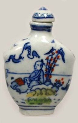 19thC Antique China Blue + Green “Ming Style” Porcelain Park Motif Snuff Bottle