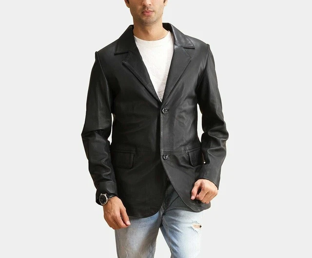 Hombre Genuino Cuero Piel Cordero Suave Blazer Chaqueta Negra Oculto Liso Abrigo
