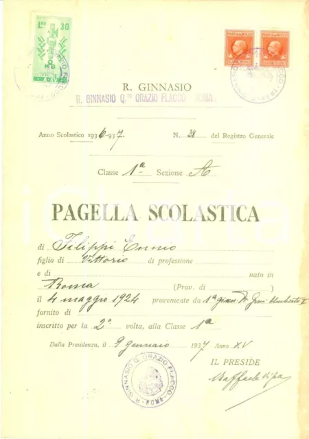 1937 ROMA Regio Ginnasio Quinto Orazio Flacco Pagella scolastica Ennio FILIPPI