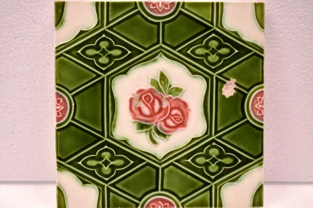 Antique Tile Japan Majolica Art Nouveau Porcelain Floral Rose Geometric Rare"J56 2
