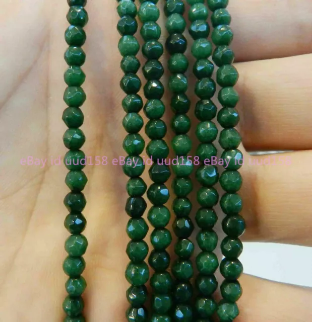 Pretty Natural Genuine 4mm Faceted Green Jade Gemstone Round Loose Beads 15''