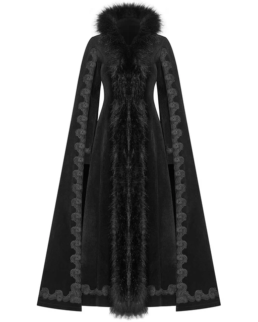 PUNK RAVE FEMME Long Gothique Manteau Cape Noir Faux Fourrure