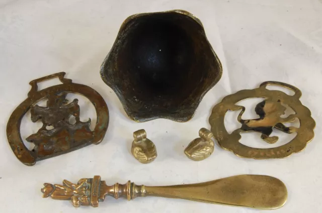 Job Lot 6 Brass Items - Brasses, Ducks, Shoe Horn, Chinese Gong 2