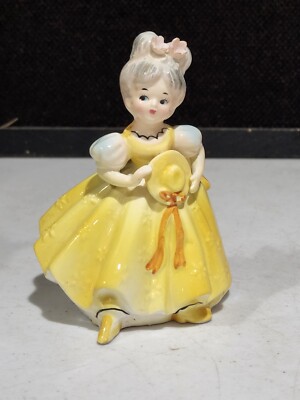 Vintage Lefton Figurine Girl #2383 Yellow Dress Holding Hat