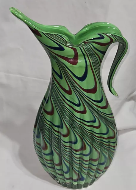 Vintage Cased Art Glass Pitcher Green Perfect Condition 15” High 7X5