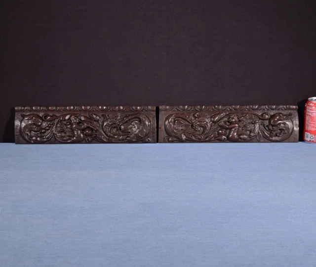 *Pair of French Antique Hand Carved Architectural Trim Panels in Solid Oak Wood 2