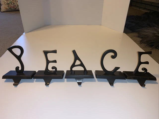 Pottery Barn PEACE Stocking Holders Hangers Set Of 5 Bronze Christmas