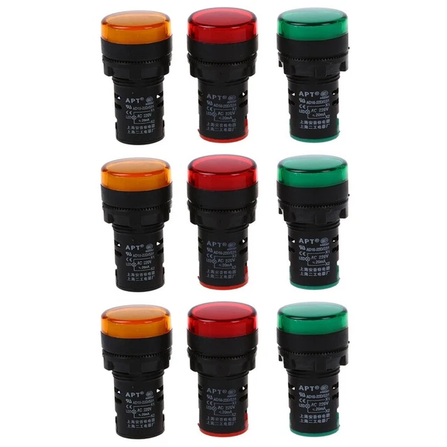 Red, yellow, green light lamp 22 mm LED pilot display panel 220 VAC 9 piece L1D4