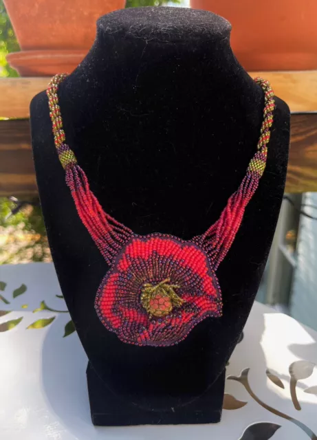 Vintage Artisan-Made Seed Bead Floral Necklace Lovely Colors Rose Red Red Violet