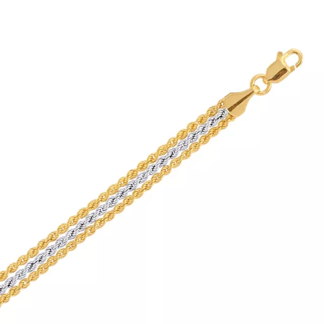 7 1/4" Shiny Three Row Rope Two Tone Bracelet REAL 10K Yellow White Gold