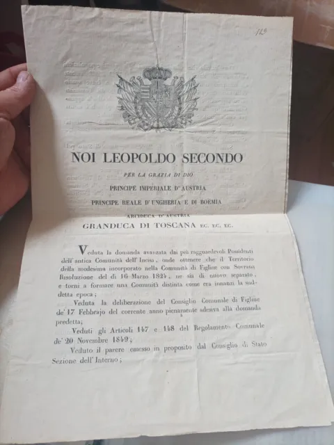 E30) Manifesto GRANDUCA DI TOSCANA LEOPOLDO II per LA COMUNITÀ DI INCISA 1851