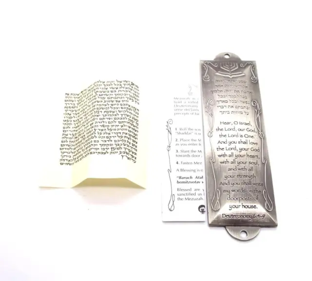 Shema Mezuzah hand made pewter with prayer non Kosher scroll Israel Menorah 5.5" 3