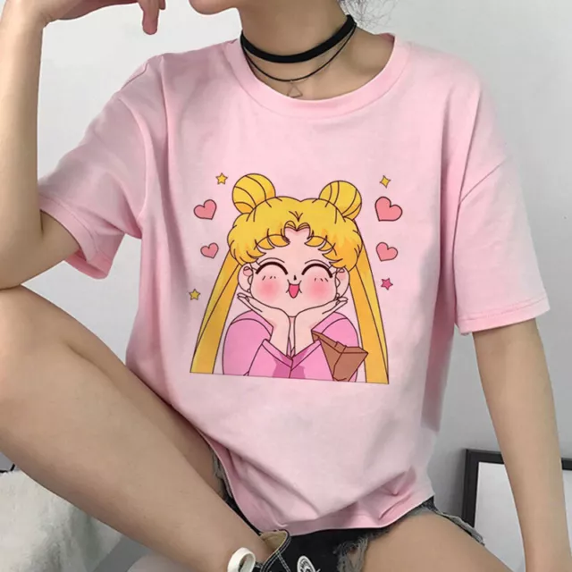 Anime Sailor Moon Women T-Shirt Print Short Sleeve Pink Cute Girl Round Neck Top 3