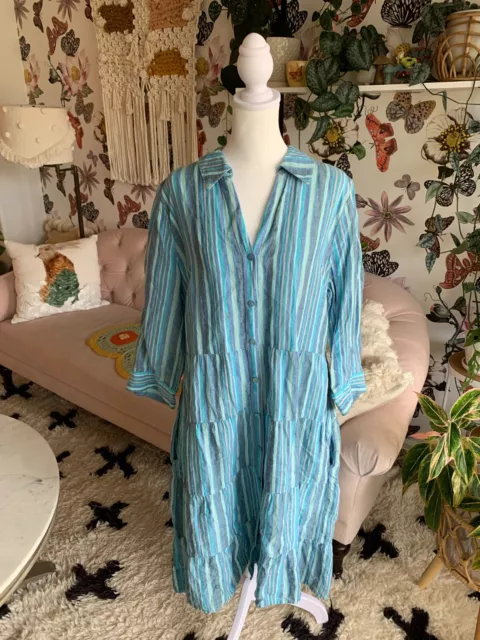 SOFT SURROUNDINGS 100% Linen Dress BLUE STRIPES Santa Cruz  Womens Large L