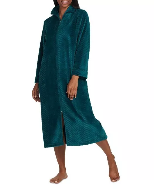 New Miss Elaine Women's Collared Zip-Up Long-Sleeve Sleep Knit Robe Teal Size L