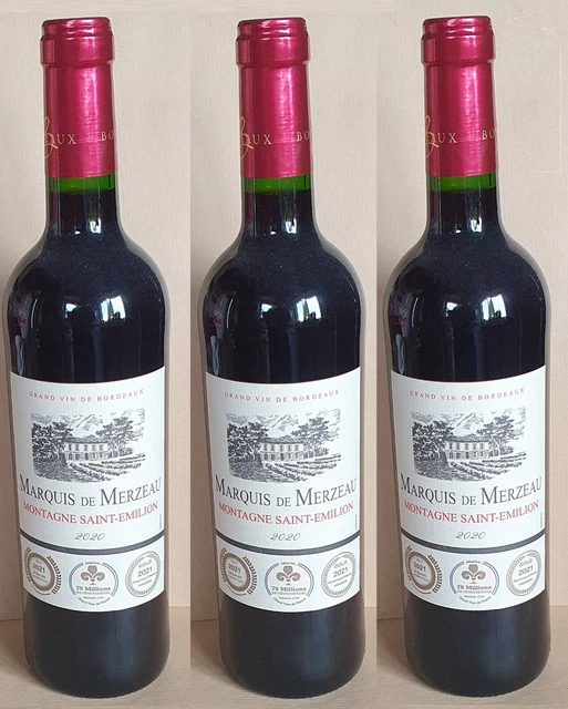 lot DE 3 bouteilles de vin rouge MARQUIS DE MERZEAU MONTAGNE SAINT EMILION 2020