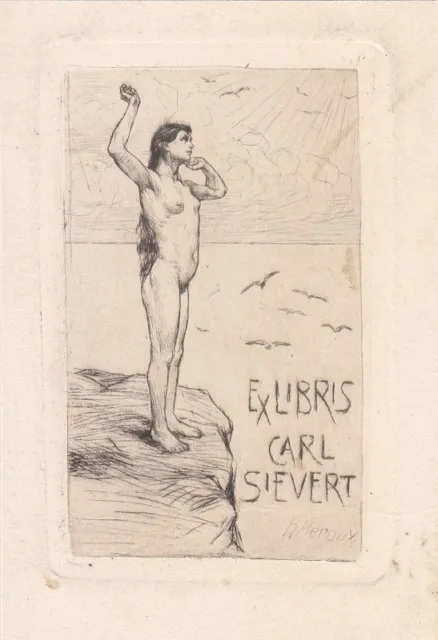 Exlibris Bookplate Radierung Bruno Heroux 1868-1944 Erotik Weiblicher Akt Meer