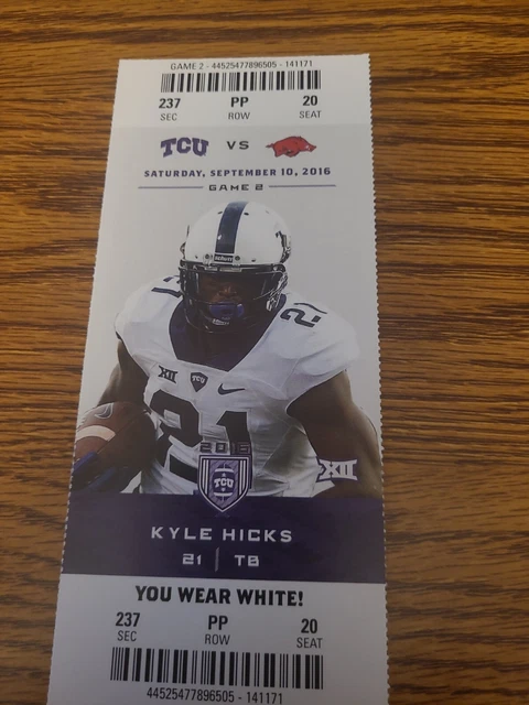 Arkansas @ TCU Unused Ticket Stub NCAA Football 9/10/2016 Kyle Hicks