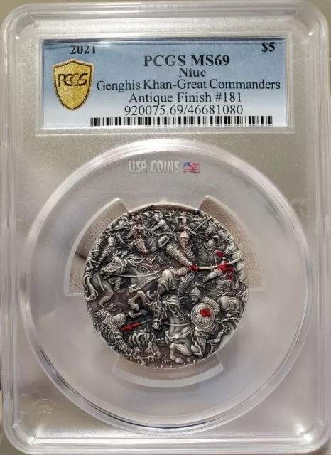 2021 2 Oz Silver $5 Niue Great Commanders GENGHIS KHAN PCGS MS69 Gold Shiel Coin