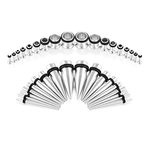 14G-00G 36 pcs Ear Gauges Stretching Kit Tapers Plugs Eyelets Silver-tone