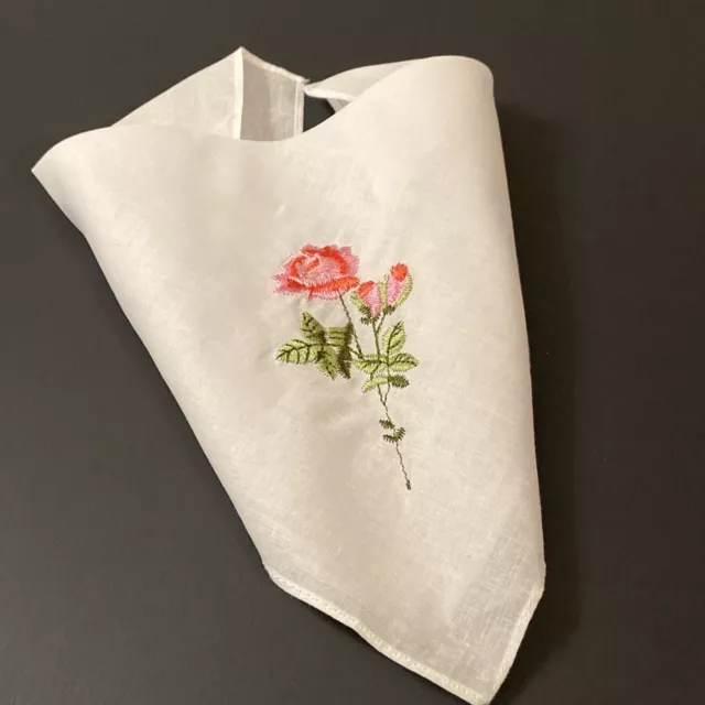 Pink Rose Flower Handkerchief With Green Accent 11x11 Light Dark Pink Cotton