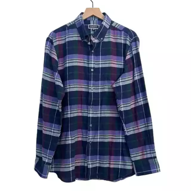 Club Room Navy Purple Cotton Buffalo Plaid Long Sleeve Button Front Shirt Size L