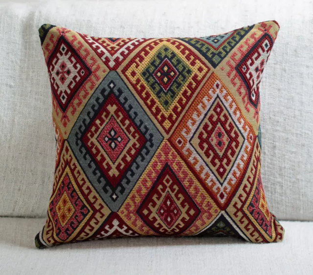 Traditional Turkish Kilim Cushion. 17x17" Square. Heavyweight Geometric Tapestry