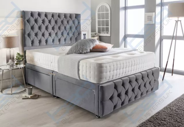 GREY SUEDE CHESTERFIELD DIVAN BED SET + MEMORY MATTRESS 4FT6 Double 5FT King