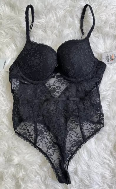 Forever 21 Lingerie One Piece Teddy Bodysuit Lace Sheer Black Large