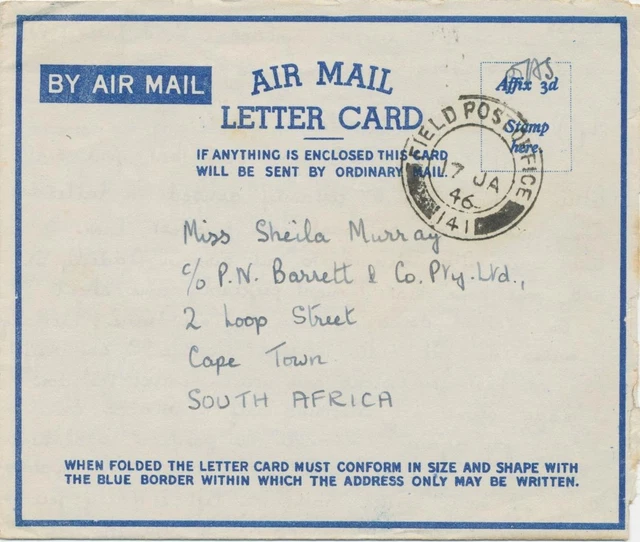 Gb 1946 air letter civil mail without postage stamp field post